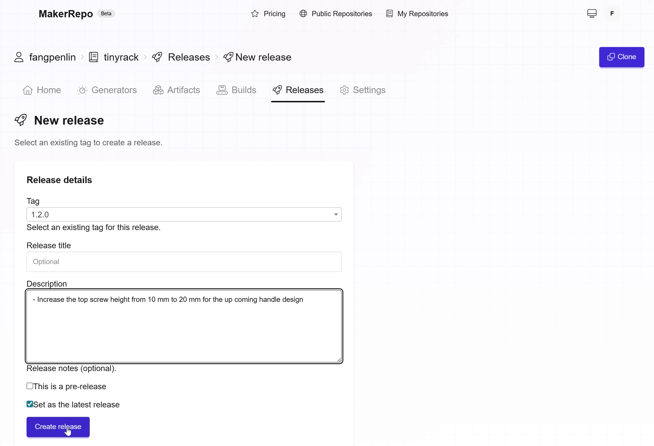 Create release form with tag, title, and description