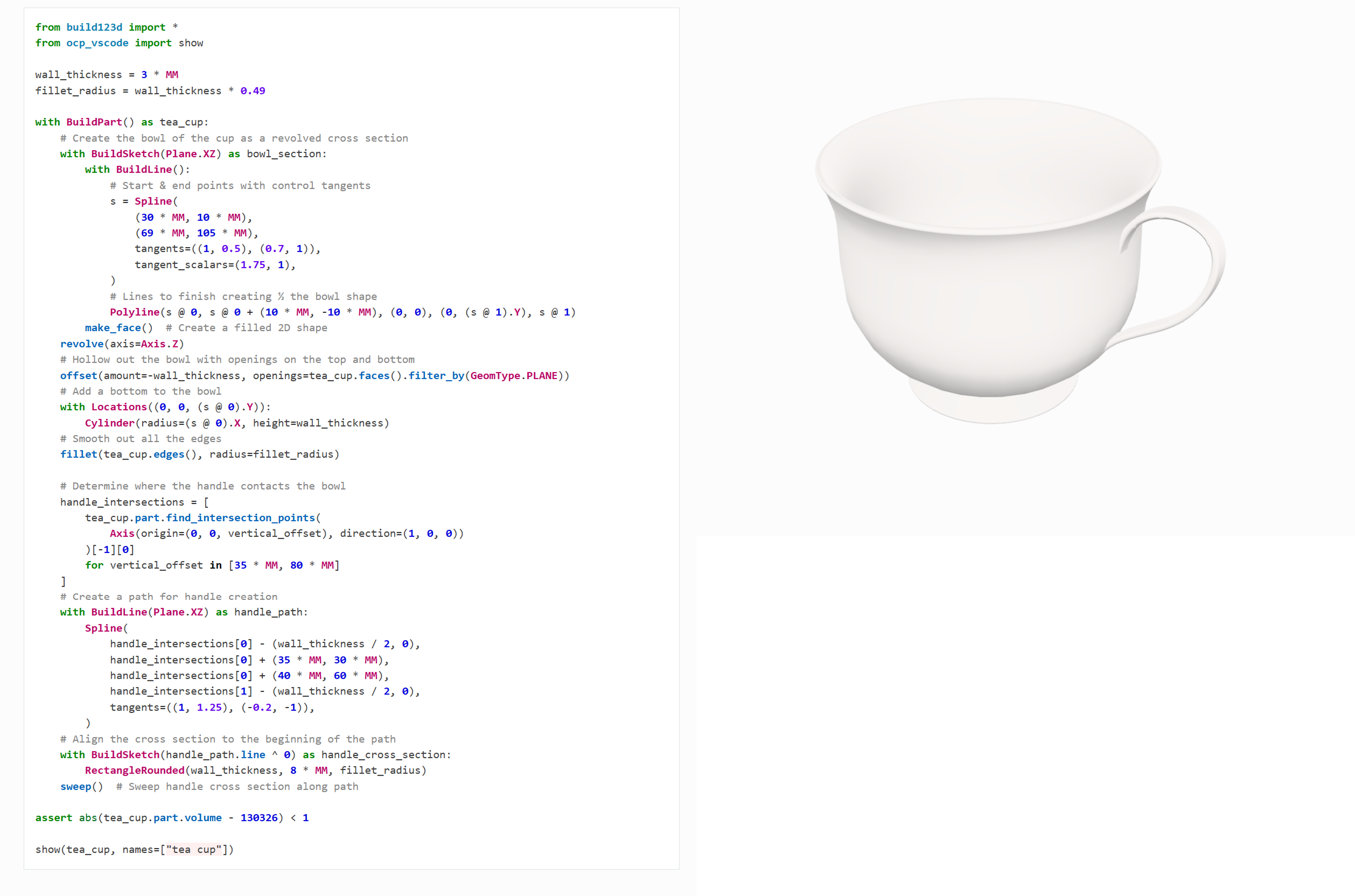 A screenshot of the Build123D code for making a tea cup and the resulting 3D model