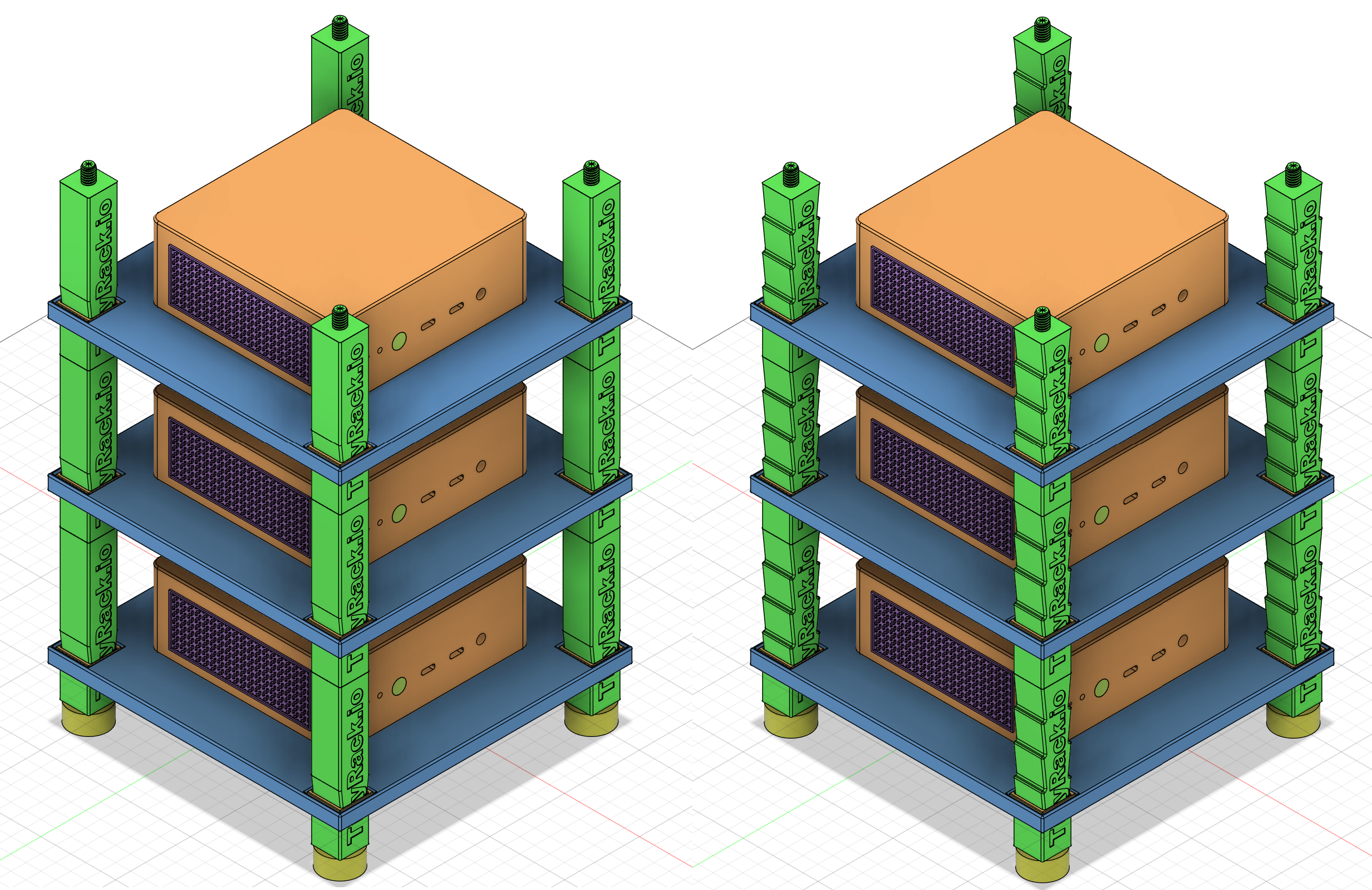 Two TinyRacks with notch on post at the exact needed position vs a TinyRack with notches on the post for all possible positions