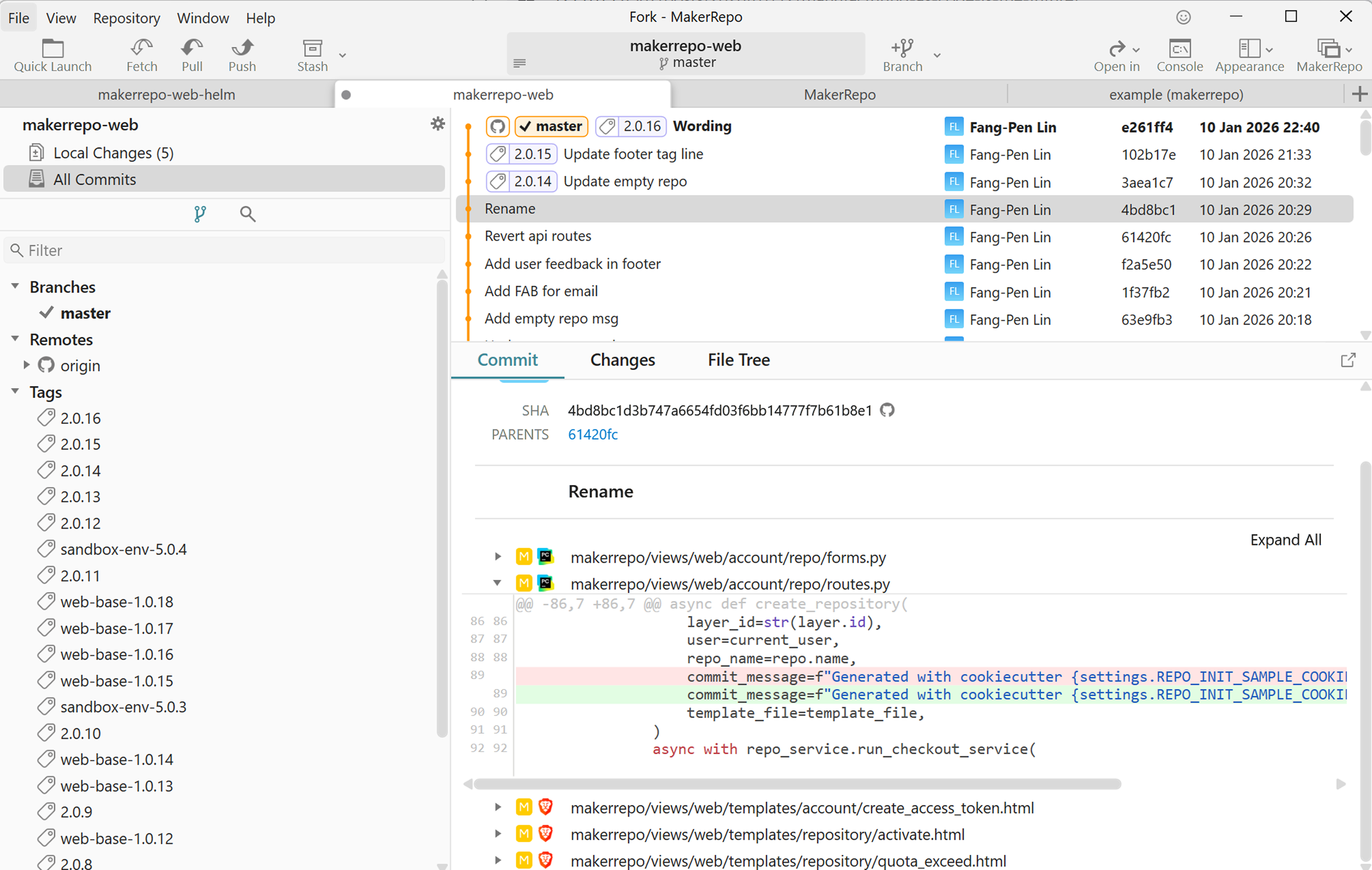 Screenshot of Fork GUI app showing the changes in a commit