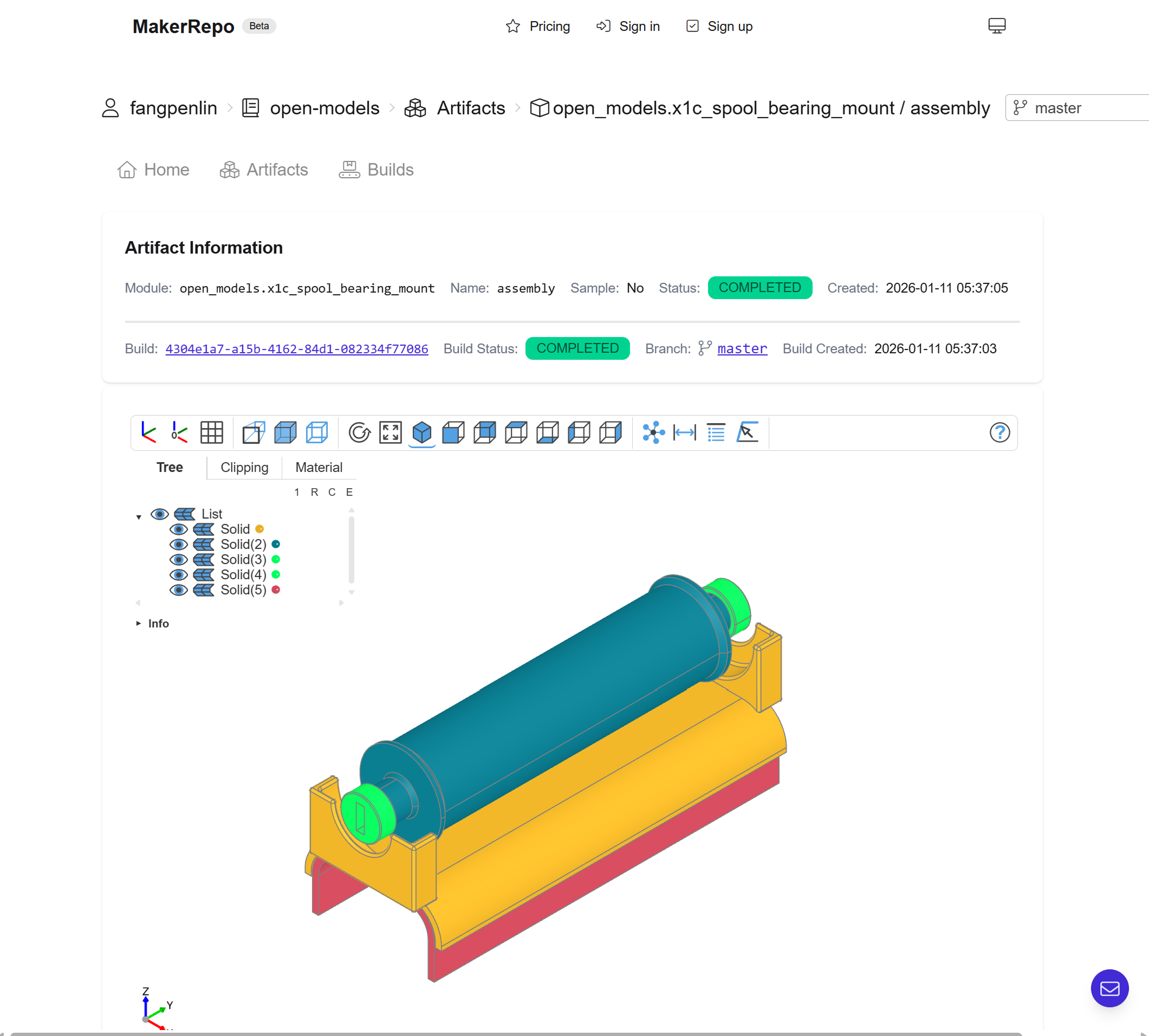 Screenshot of MakerRepo artifacts viewer featuring a 3D model of a part