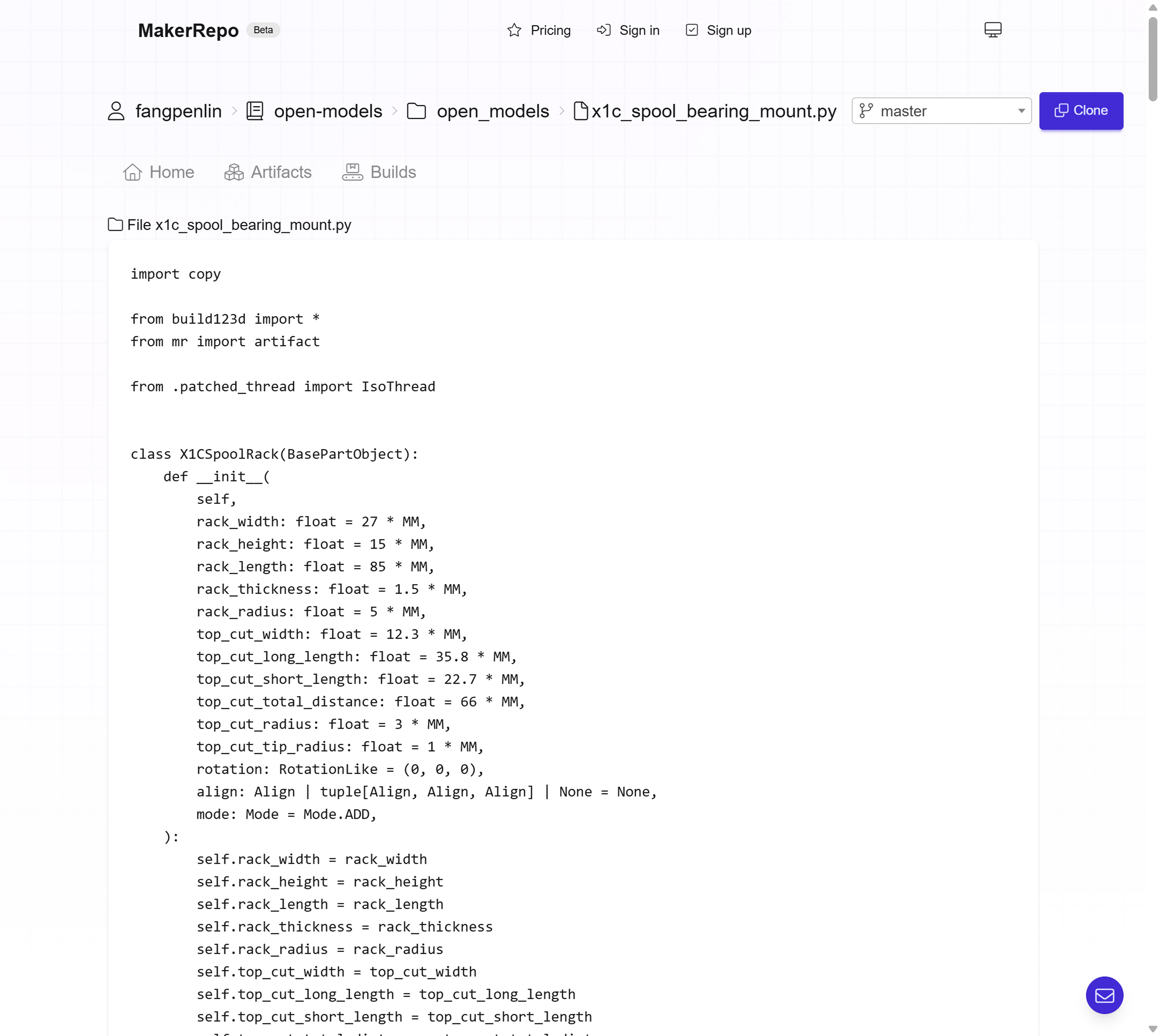 Screenshot of MakerRepo code viewer featuring a Python code file for generating a 3D model with Build123D